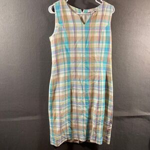 vtg women linen sheath dress 4 plaid summer picnic Paraphrase Blue Tan coastal